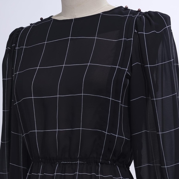 80s B&W Windowpane Print Chiffon Dress - Picture 5 of 5
